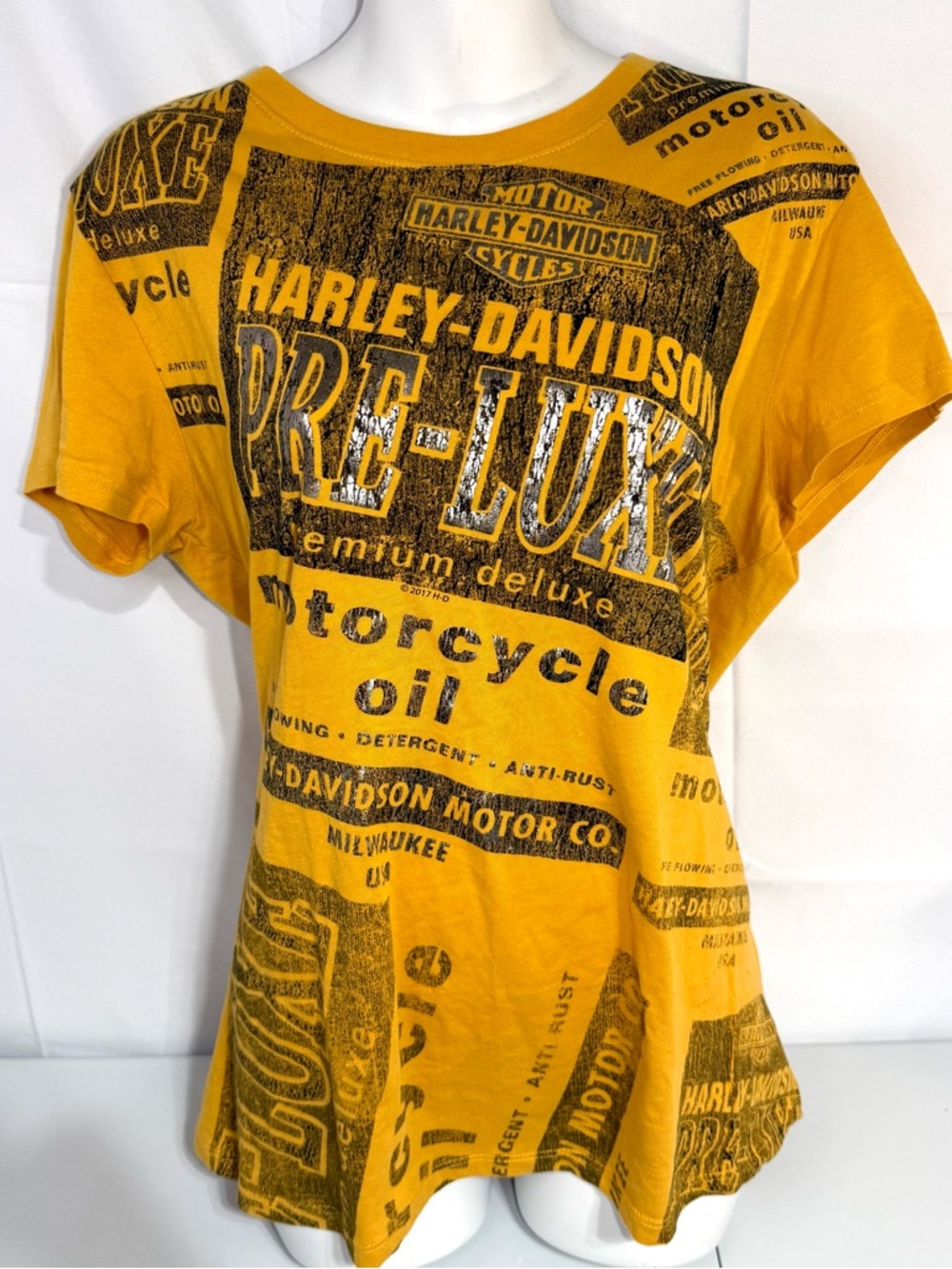 Harley Davidson Pre-Luxe Graphic Tee Yellow All Over Print USA XL